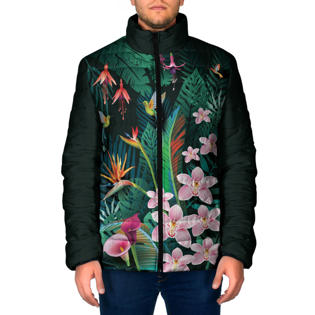 Hawaii Hummingbird Tropical Flowers Padded Jacket Dark Green
