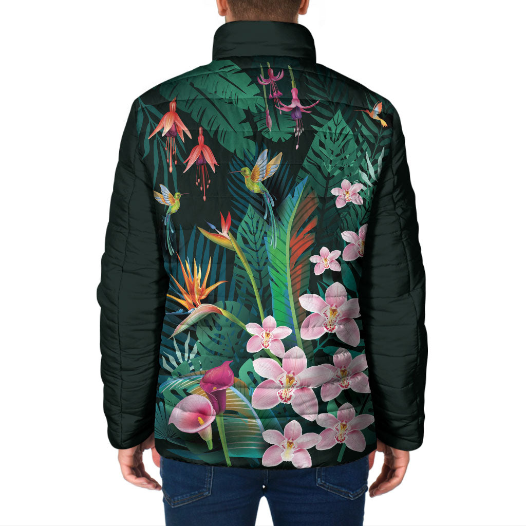 Hawaii Hummingbird Tropical Flowers Padded Jacket Dark Green