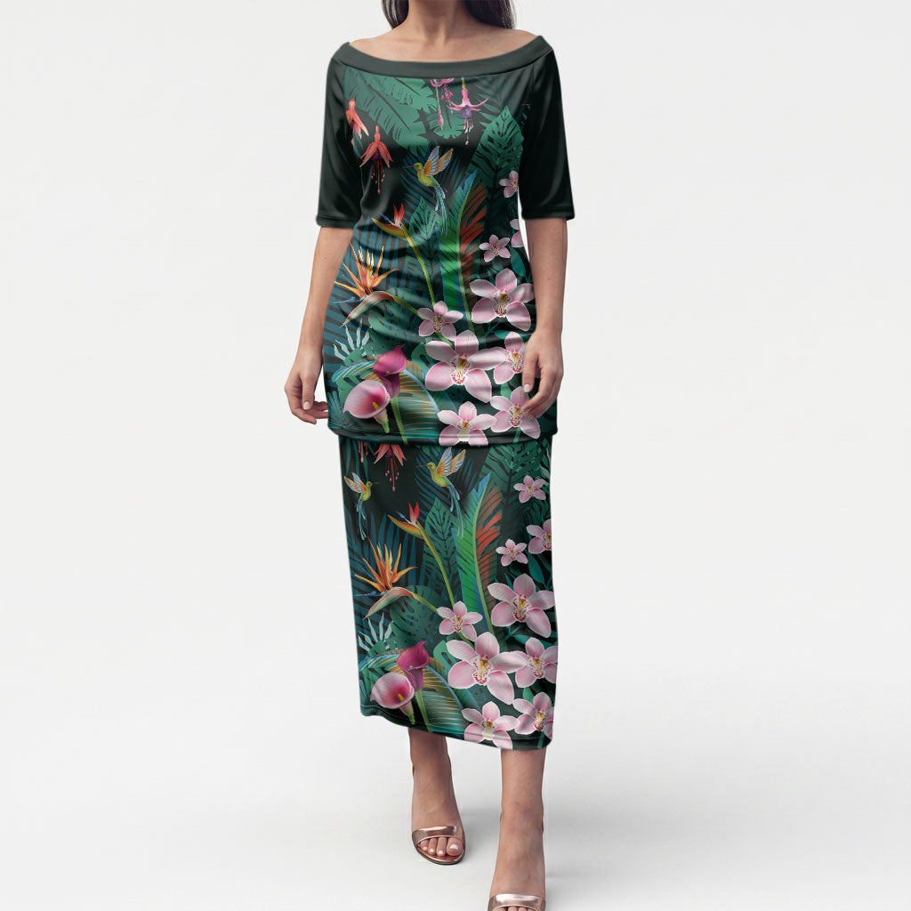 Hawaii Hummingbird Tropical Flowers Puletasi Dark Green LT01 Long Dress Green - Polynesian Pride