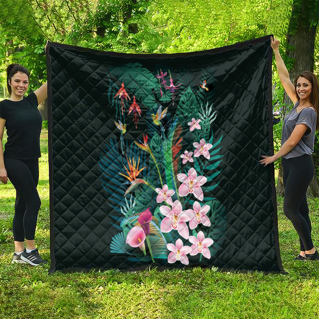 Hawaii Hummingbird Tropical Flowers Quilt Dark Green