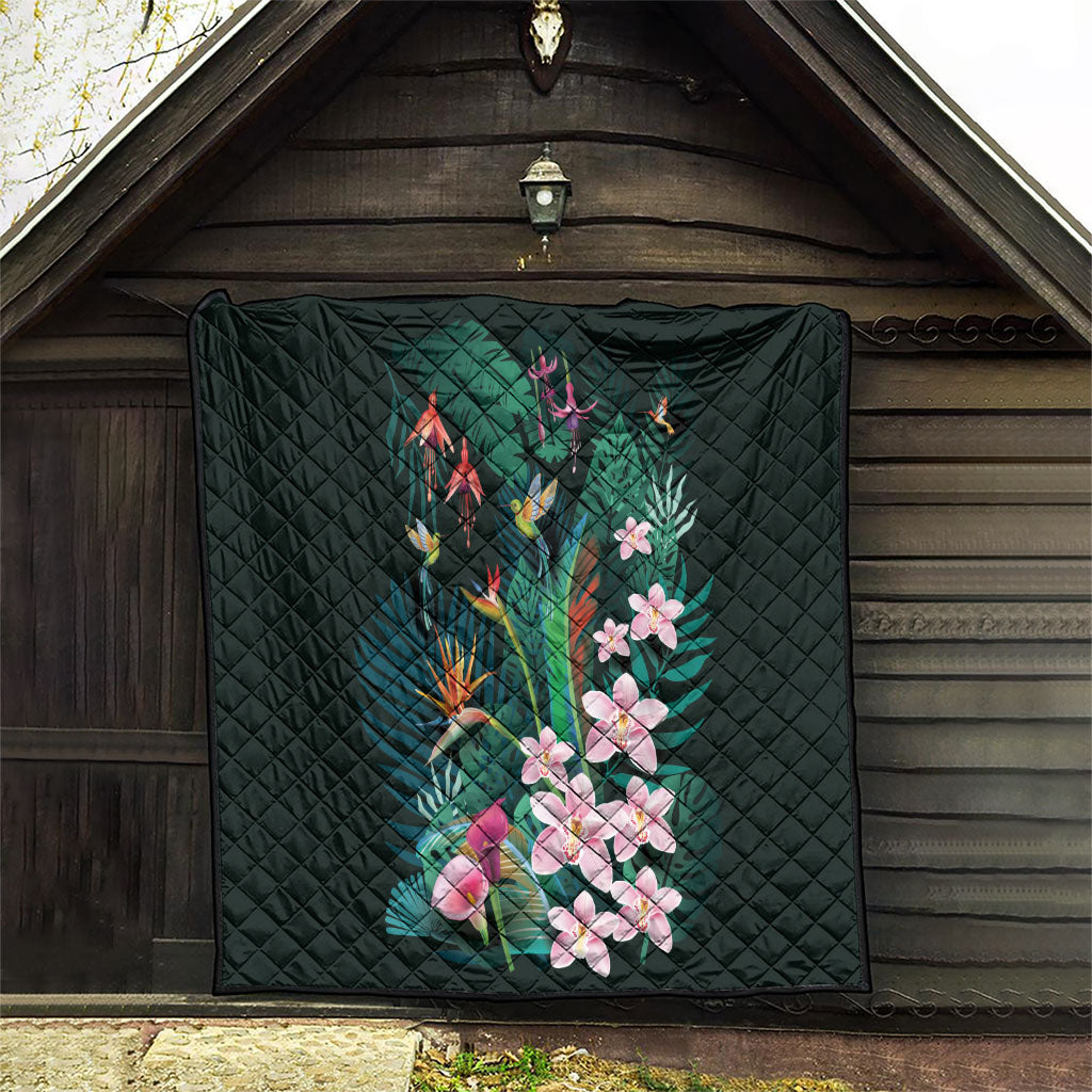 Hawaii Hummingbird Tropical Flowers Quilt Dark Green