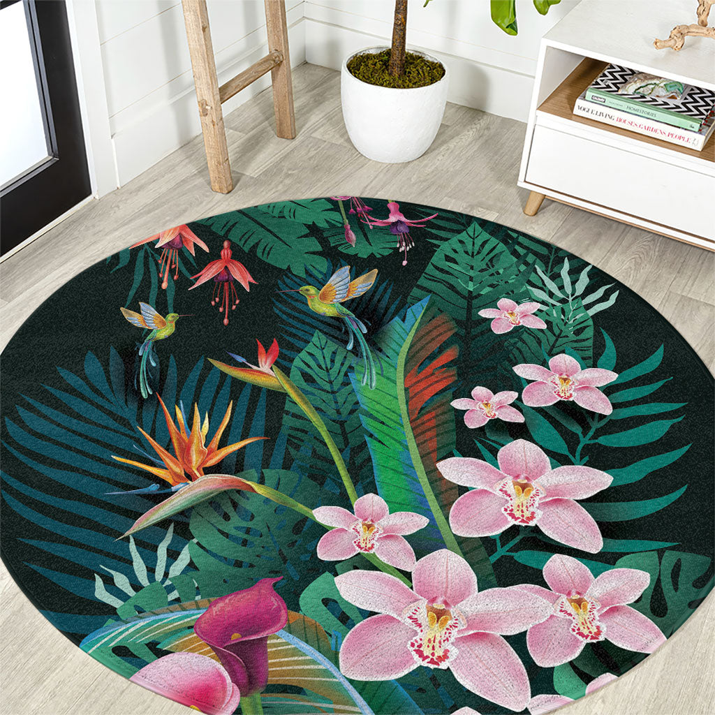 Hawaii Hummingbird Tropical Flowers Round Carpet Dark Green