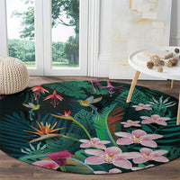 Hawaii Hummingbird Tropical Flowers Round Carpet Dark Green