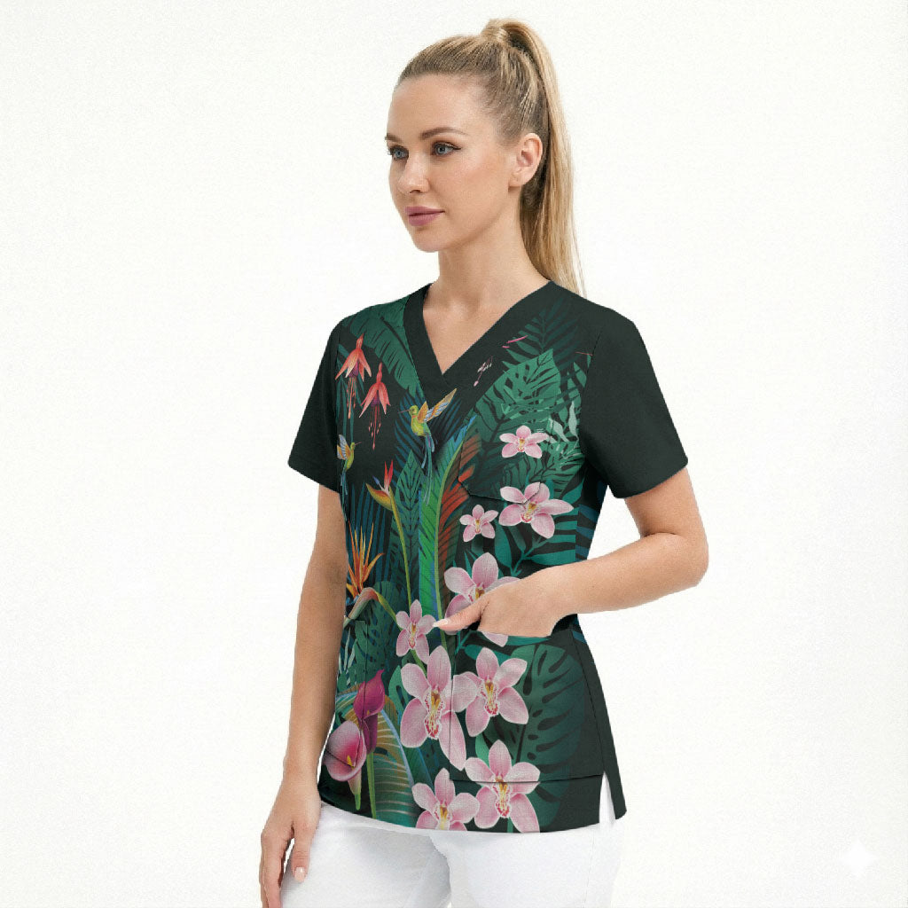 Hawaii Hummingbird Tropical Flowers Scrub Top Dark Green