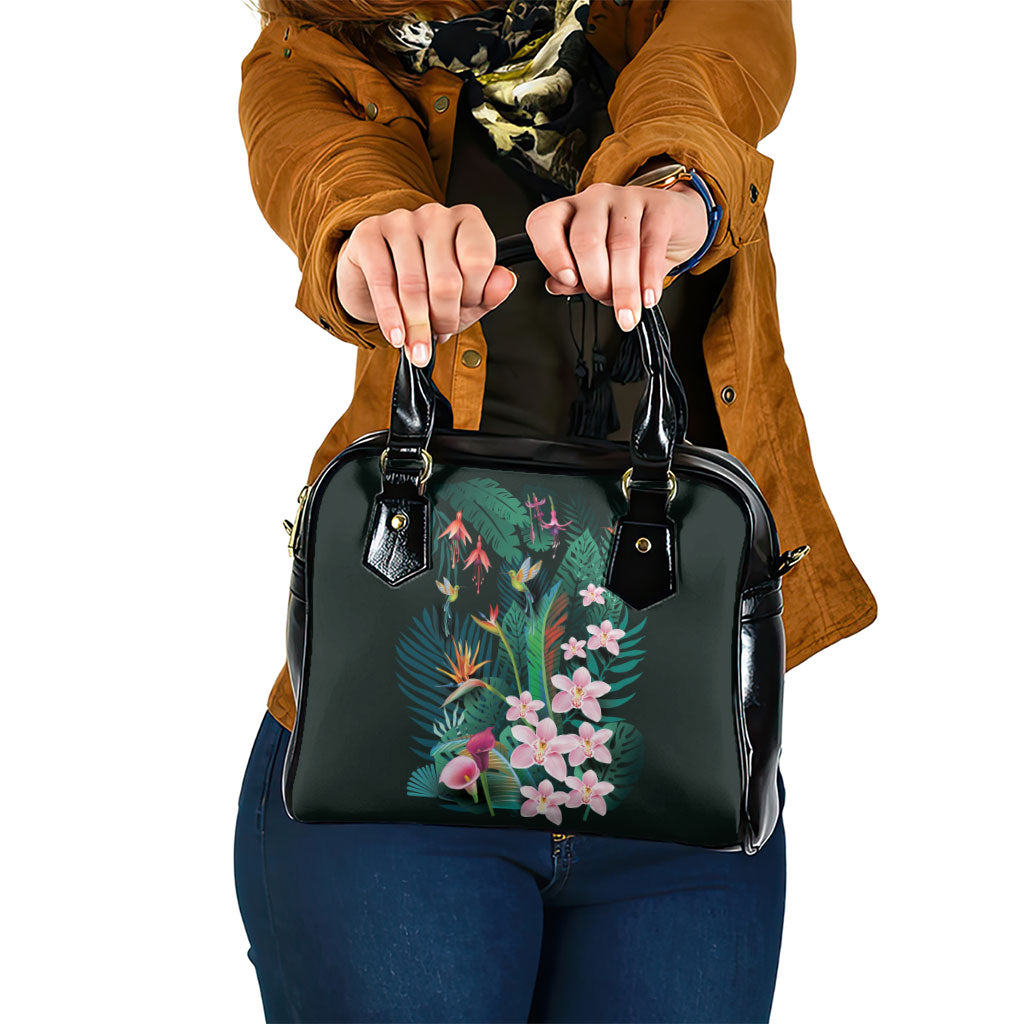 Hawaii Hummingbird Tropical Flowers Shoulder Handbag Dark Green