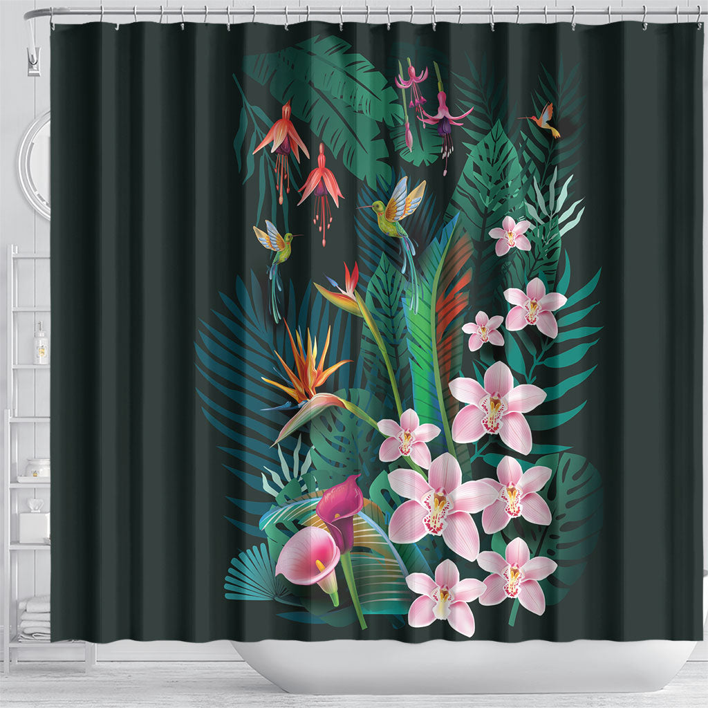 Hawaii Hummingbird Tropical Flowers Shower Curtain Dark Green