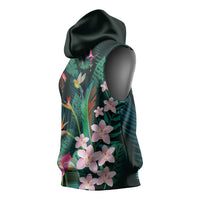 Hawaii Hummingbird Tropical Flowers Sleeveless Hoodie Dark Green