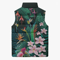 Hawaii Hummingbird Tropical Flowers Sleeveless Puffer Jacket Dark Green