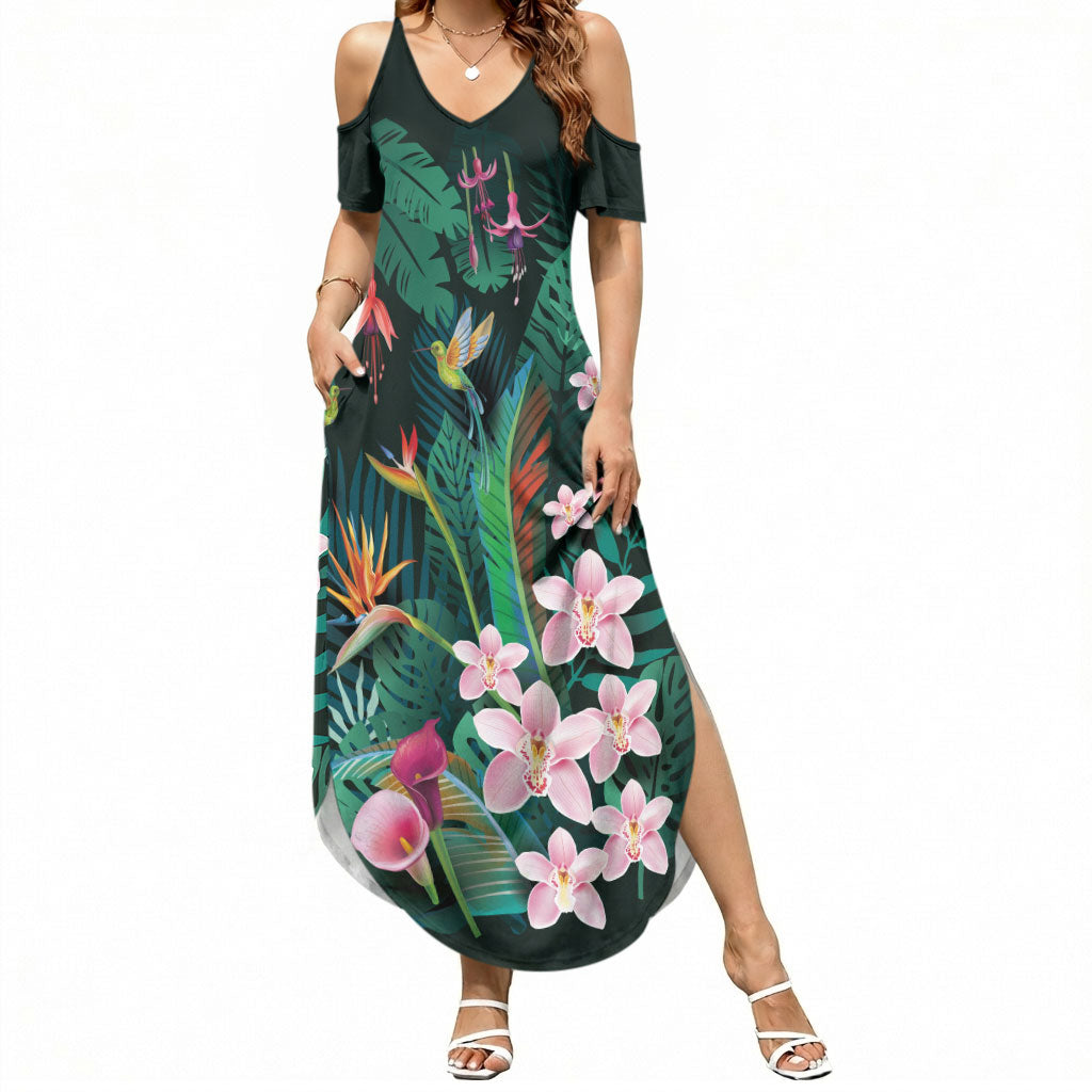 Hawaii Hummingbird Tropical Flowers Summer Maxi Dress Dark Green