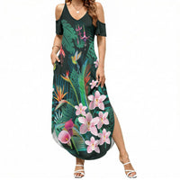 Hawaii Hummingbird Tropical Flowers Summer Maxi Dress Dark Green