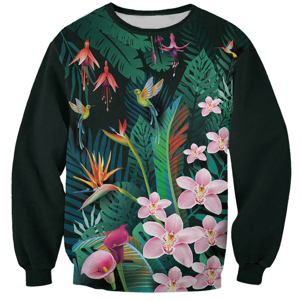 Hawaii Hummingbird Tropical Flowers Sweatshirt Dark Green