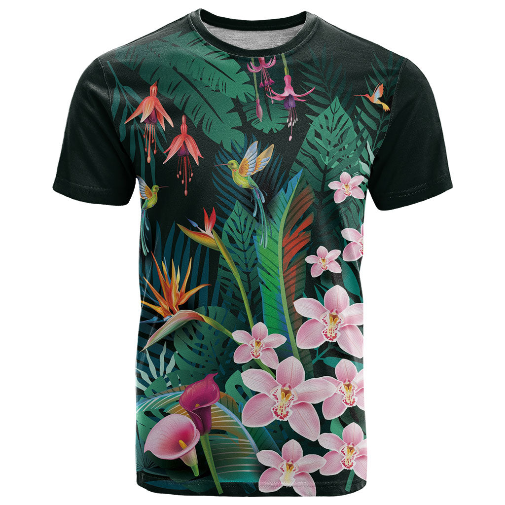 Hawaii Hummingbird Tropical Flowers T Shirt Dark Green