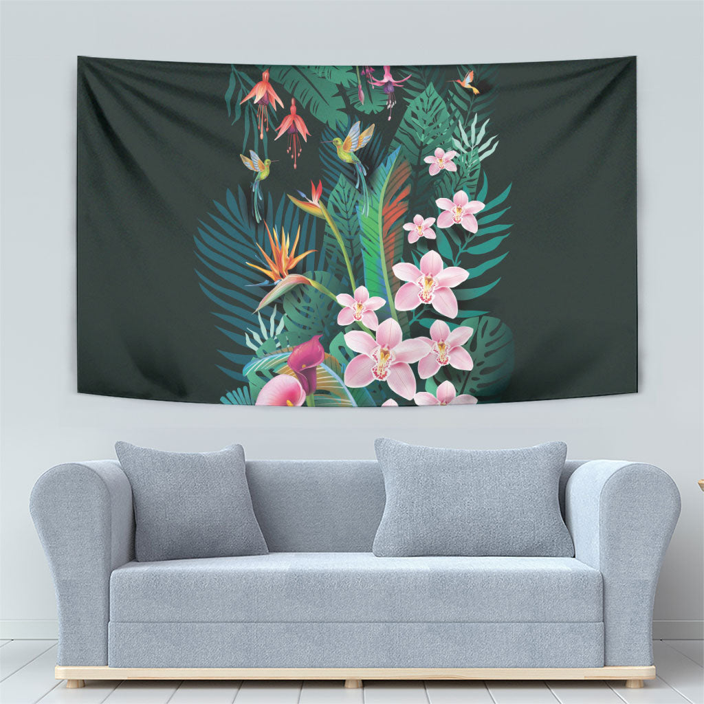 Hawaii Hummingbird Tropical Flowers Tapestry Dark Green
