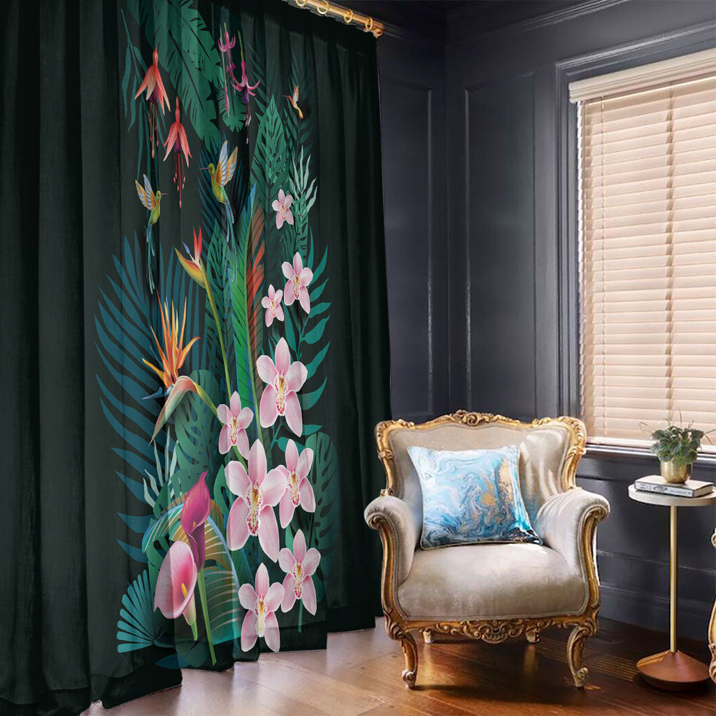 Hawaii Hummingbird Tropical Flowers Window Curtain Dark Green