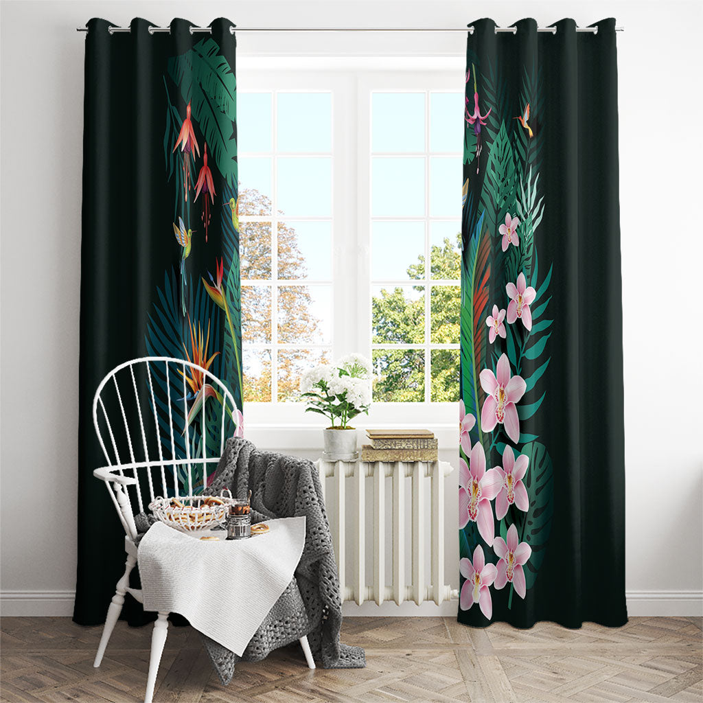 Hawaii Hummingbird Tropical Flowers Window Curtain Dark Green