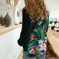 Hawaii Hummingbird Tropical Flowers Women Casual Shirt Dark Green