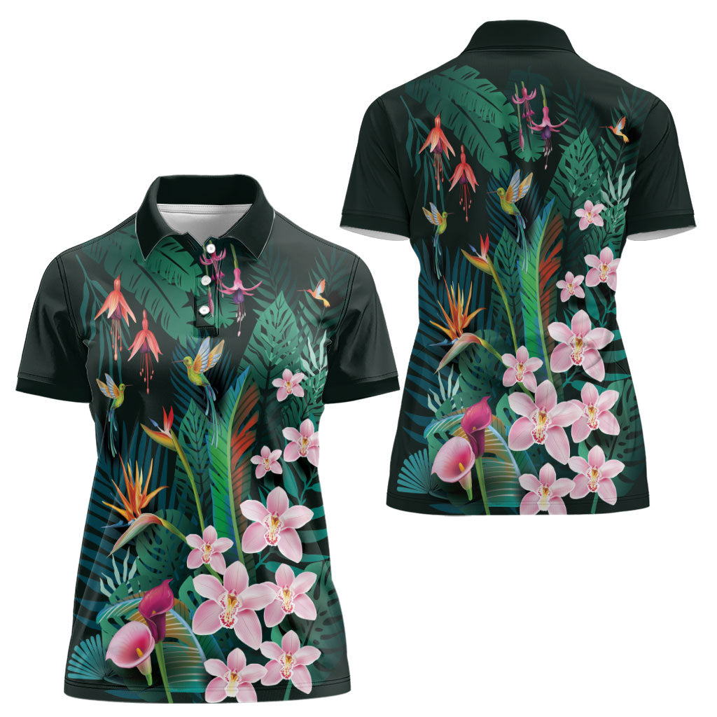 Hawaii Hummingbird Tropical Flowers Women Polo Shirt Dark Green