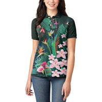 Hawaii Hummingbird Tropical Flowers Women Polo Shirt Dark Green