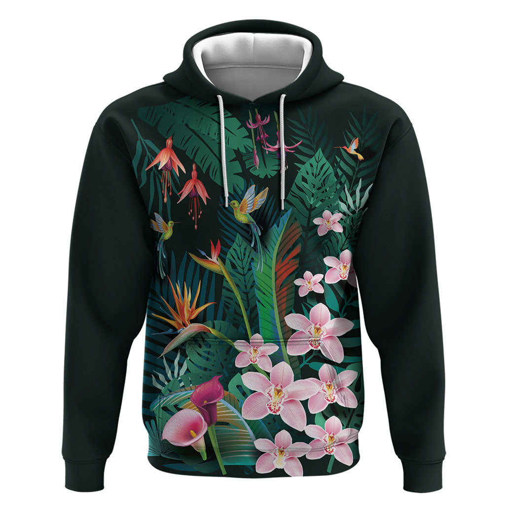 Hawaii Hummingbird Tropical Flowers Zip Hoodie Dark Green