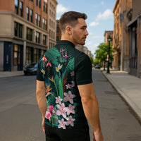 Hawaii Hummingbird Tropical Flowers Zipper Polo Shirt Dark Green