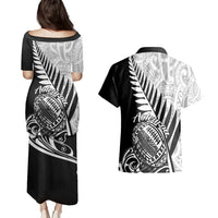 New Zealand Silver Fern Rugby Couples Matching Puletasi Dress and Hawaiian Shirt Aotearoa Maori Black Version LT01 - Polynesian Pride