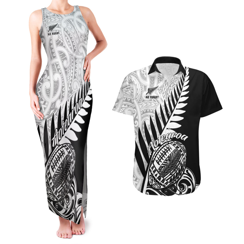 New Zealand Silver Fern Rugby Couples Matching Tank Maxi Dress and Hawaiian Shirt Aotearoa Maori Black Version LT01 Black - Polynesian Pride