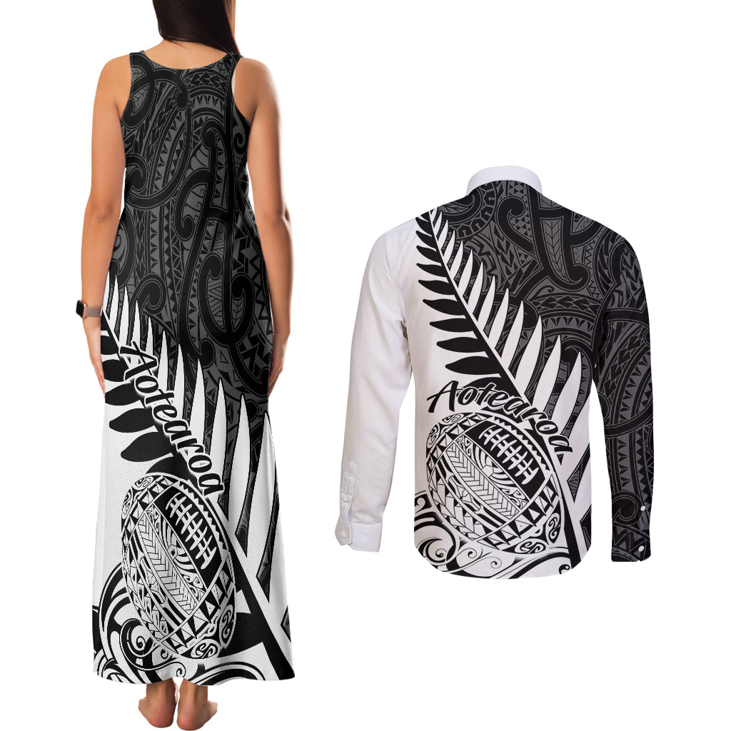 New Zealand Silver Fern Rugby Couples Matching Tank Maxi Dress and Long Sleeve Button Shirts Aotearoa Maori White Version LT01 - Polynesian Pride