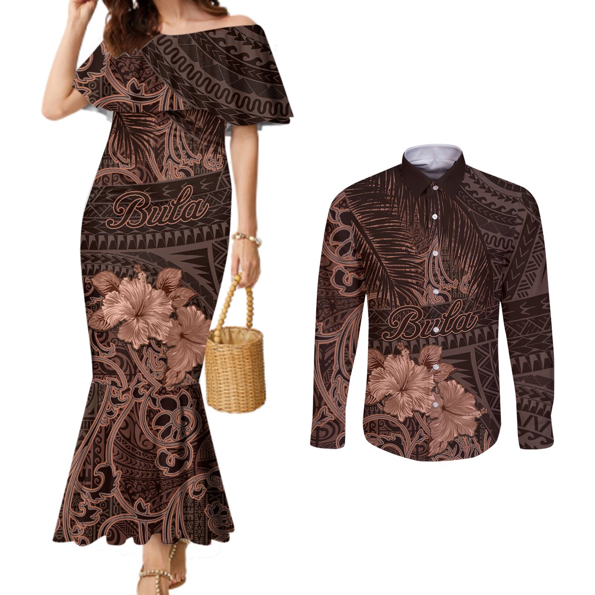 Bula Fiji Masi Couples Matching Mermaid Dress and Long Sleeve Button Shirt Fijian Tapa Vintage Dark Brown Version LT01 Brown - Polynesian Pride