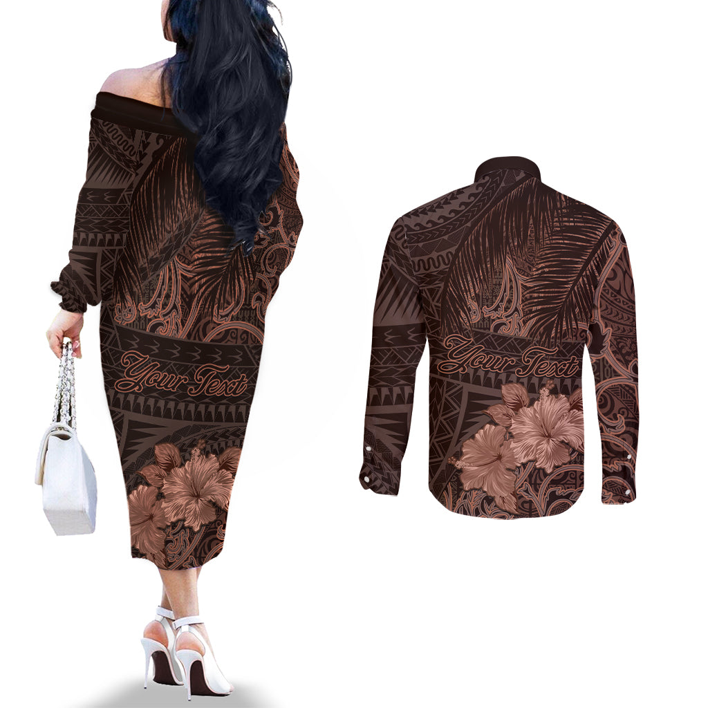 Bula Fiji Masi Couples Matching Off The Shoulder Long Sleeve Dress and Long Sleeve Button Shirt Fijian Tapa Vintage Dark Brown Version LT01 - Polynesian Pride