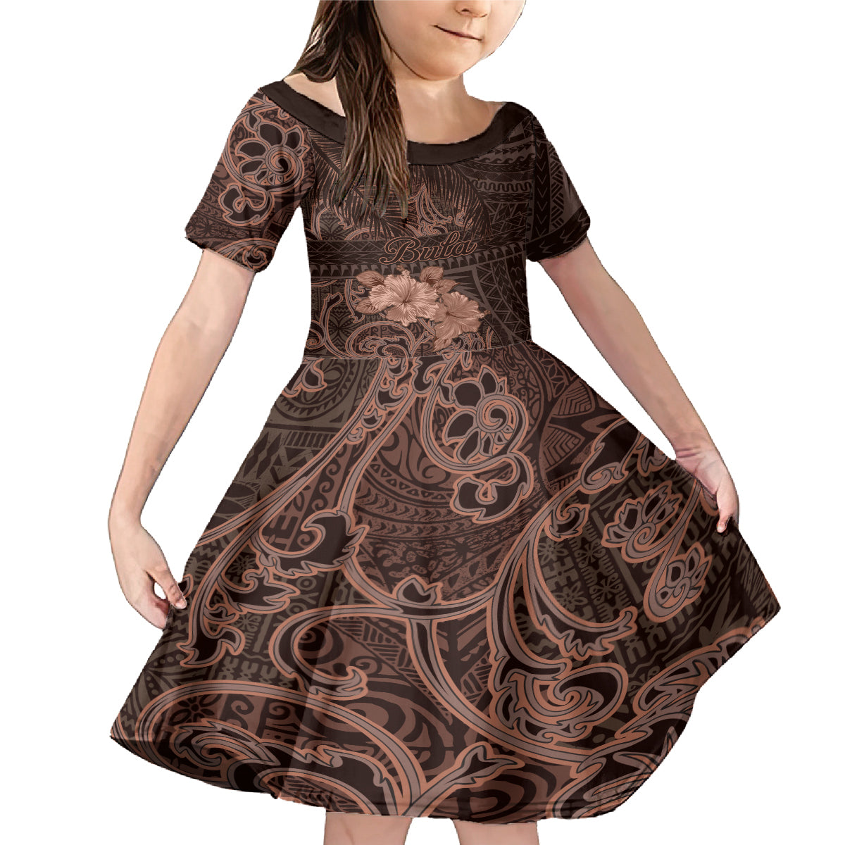 Bula Fiji Masi Family Matching Mermaid Dress and Hawaiian Shirt Fijian Tapa Vintage Dark Brown Version LT01 Daughter's Dress Brown - Polynesian Pride