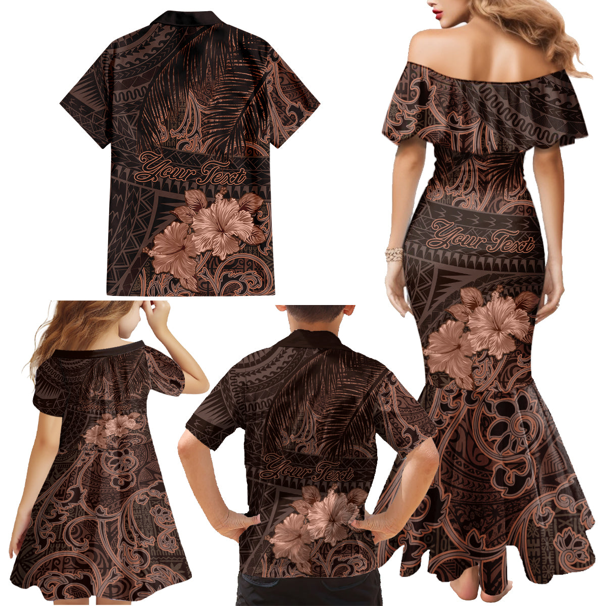 Bula Fiji Masi Family Matching Mermaid Dress and Hawaiian Shirt Fijian Tapa Vintage Dark Brown Version LT01 - Polynesian Pride