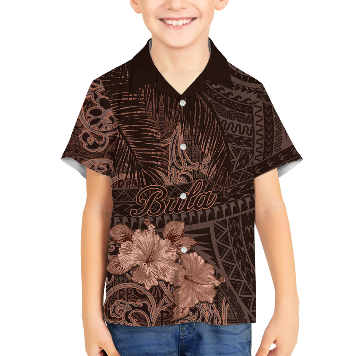 Bula Fiji Masi Family Matching Tank Maxi Dress and Hawaiian Shirt Fijian Tapa Vintage Dark Brown Version LT01 Son's Shirt Brown - Polynesian Pride