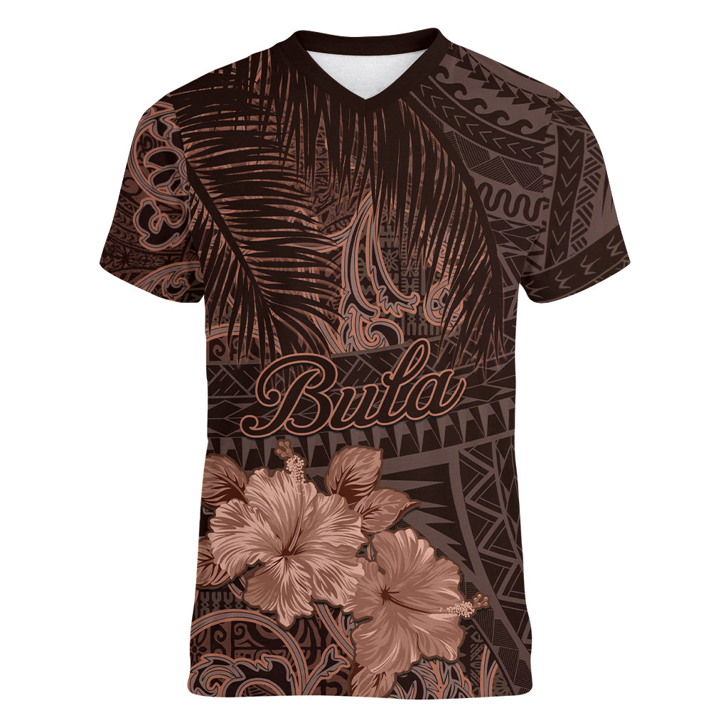 Bula Fiji Masi Women V Neck T Shirt Fijian Tapa Vintage Dark Brown Version LT01 Female Brown - Polynesian Pride