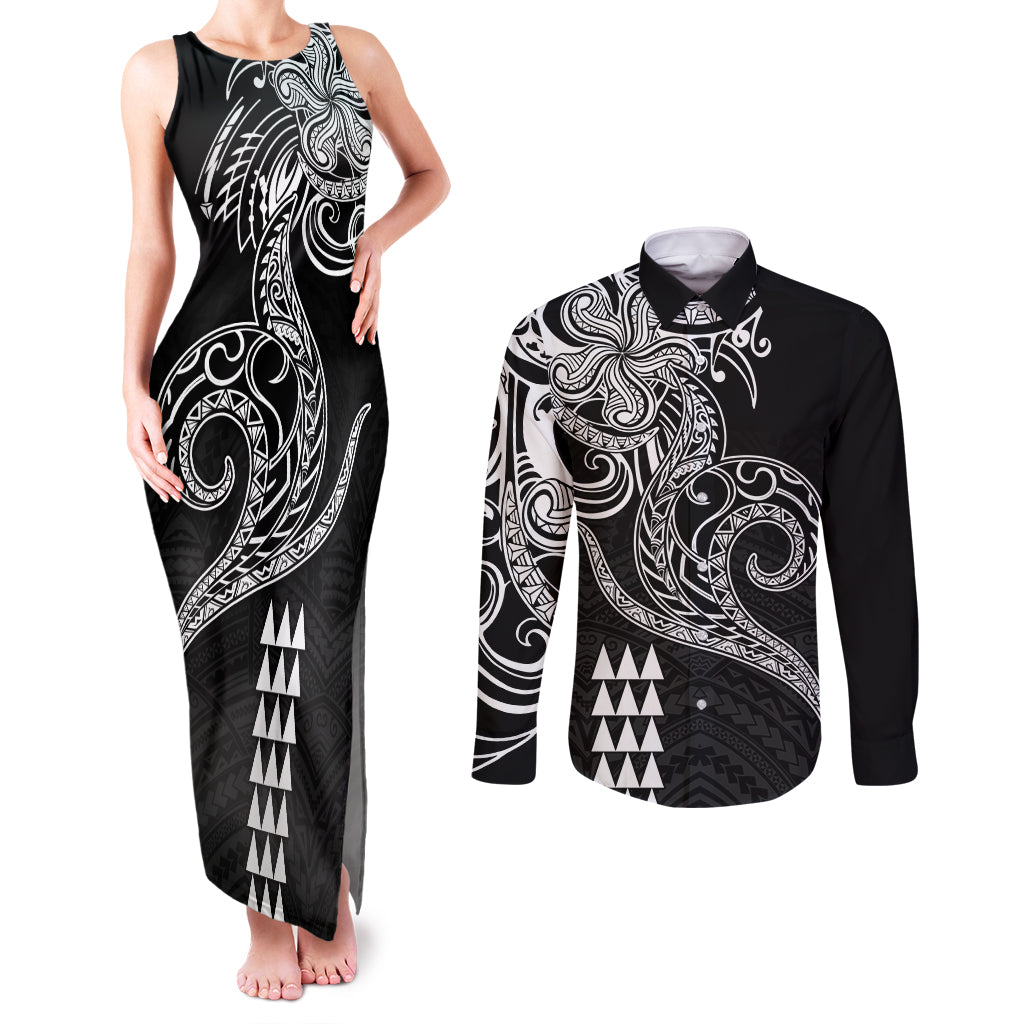 Hawaii Valentine Couples Matching Tank Maxi Dress and Long Sleeve Button Shirt Kakau Polynesian Heart LT01 Black - Polynesian Pride
