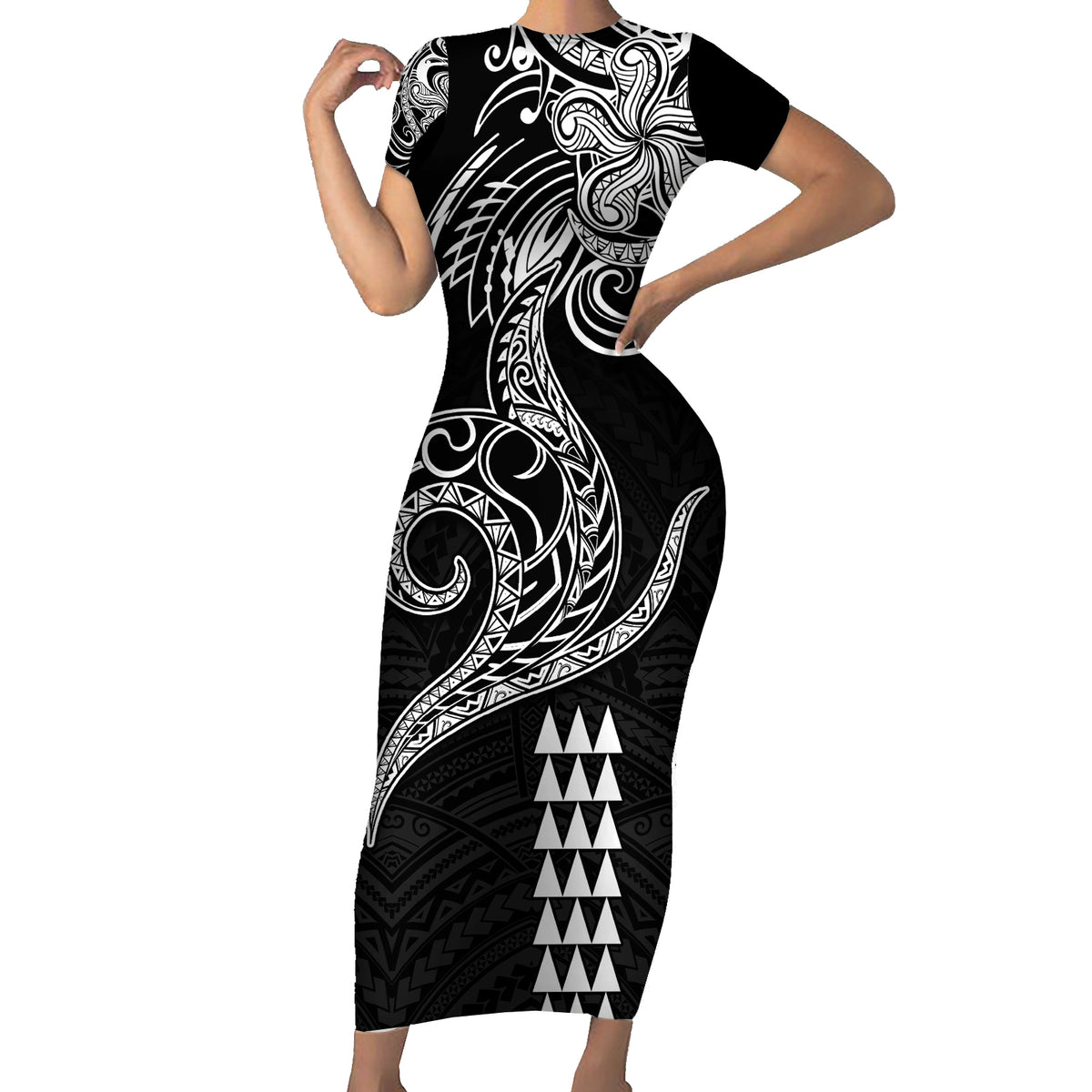 Hawaii Valentine Family Matching Short Sleeve Bodycon Dress and Hawaiian Shirt Kakau Polynesian Heart LT01 Mom's Dress Black - Polynesian Pride