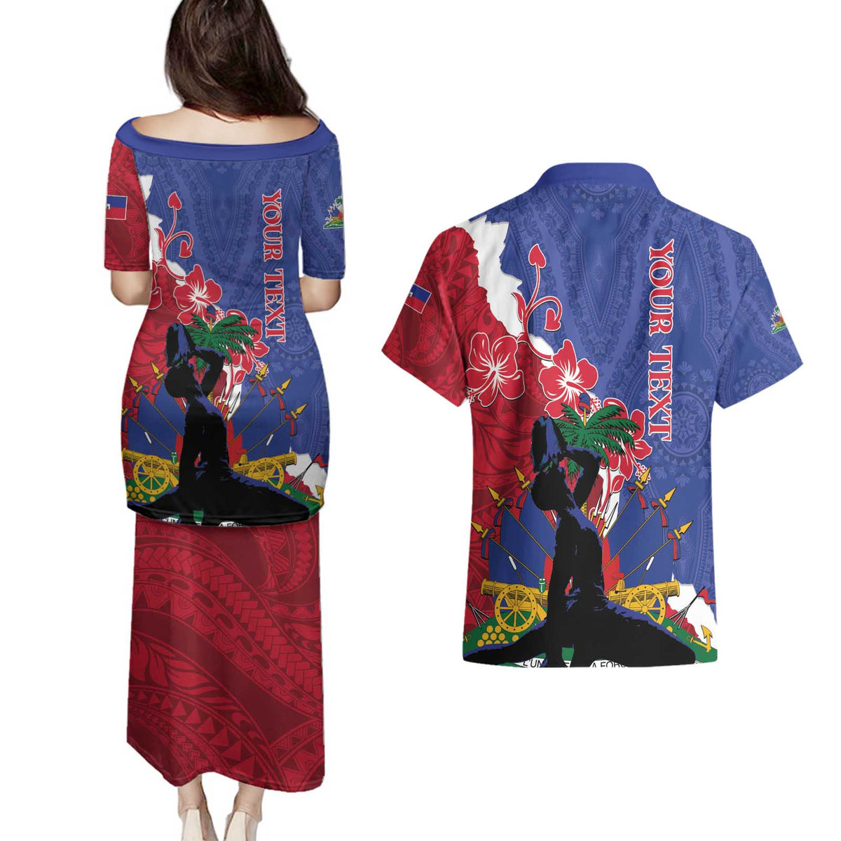 Personalised Haiti Le Marron Inconnu Couples Matching Puletasi and Hawaiian Shirt Dashiki Mix Polynesian Pattern