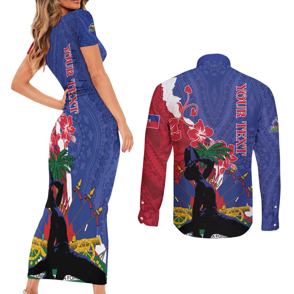 Personalised Haiti Le Marron Inconnu Couples Matching Short Sleeve Bodycon Dress and Long Sleeve Button Shirt Dashiki Mix Polynesian Pattern
