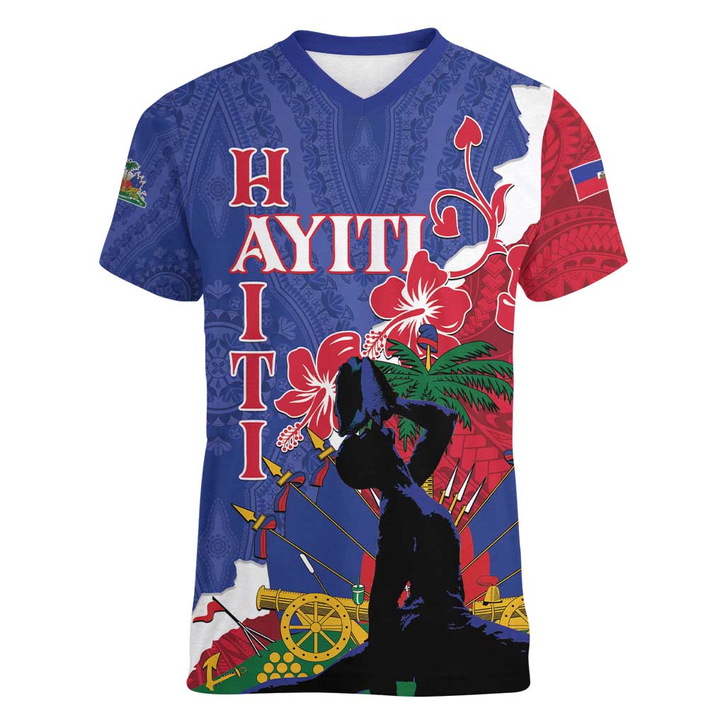 Personalised Haiti Le Marron Inconnu Women V-Neck T-Shirt Dashiki Mix Polynesian Pattern