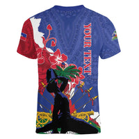 Personalised Haiti Le Marron Inconnu Women V-Neck T-Shirt Dashiki Mix Polynesian Pattern