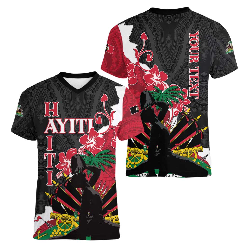 Personalised Ayiti Neg Marron Women V-Neck T-Shirt Dashiki Mix Polynesian Pattern