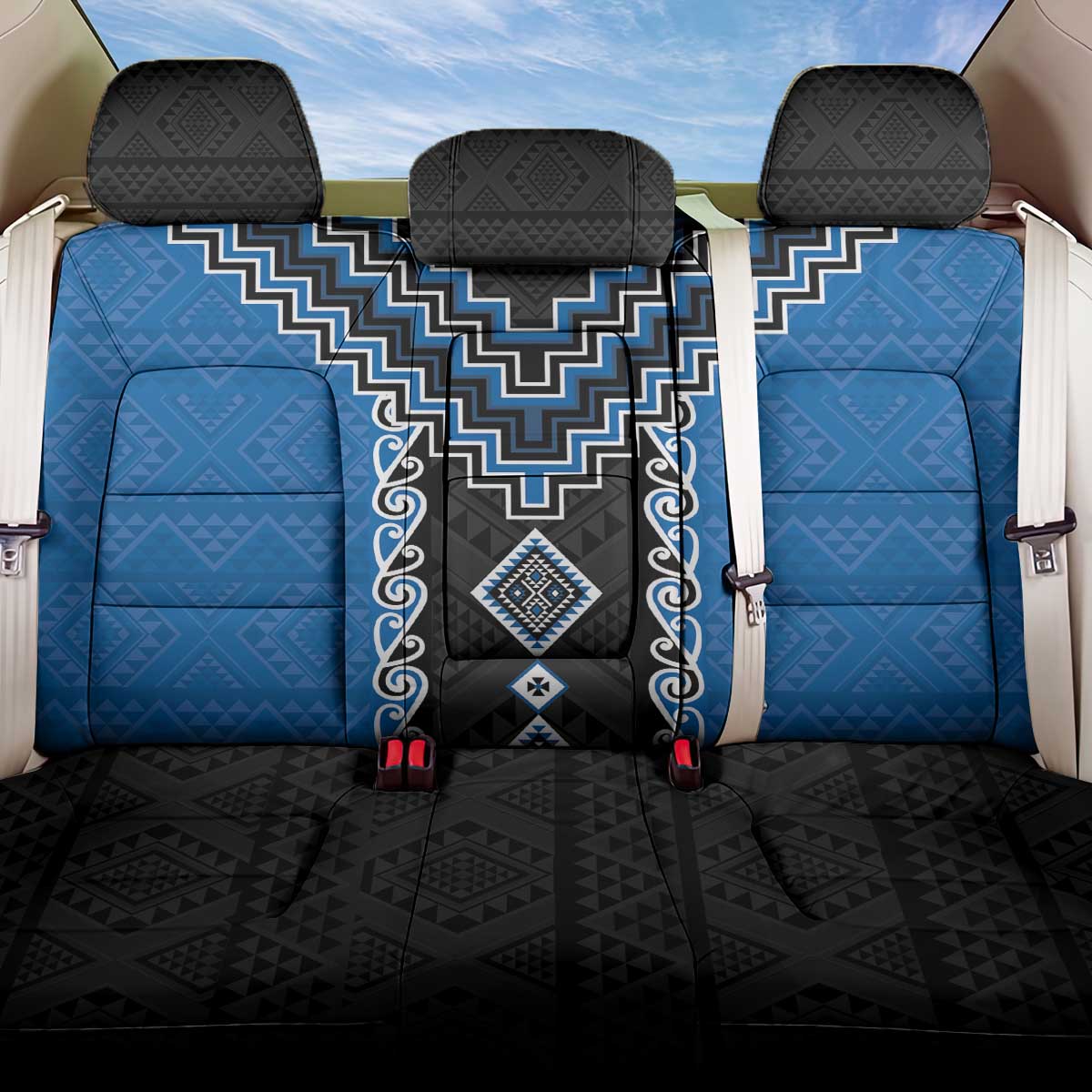 Blue Niho Taniwha Mix Poutama Back Car Seat Cover Unique Taniko Aotearoa LT01 One Size Blue - Polynesian Pride