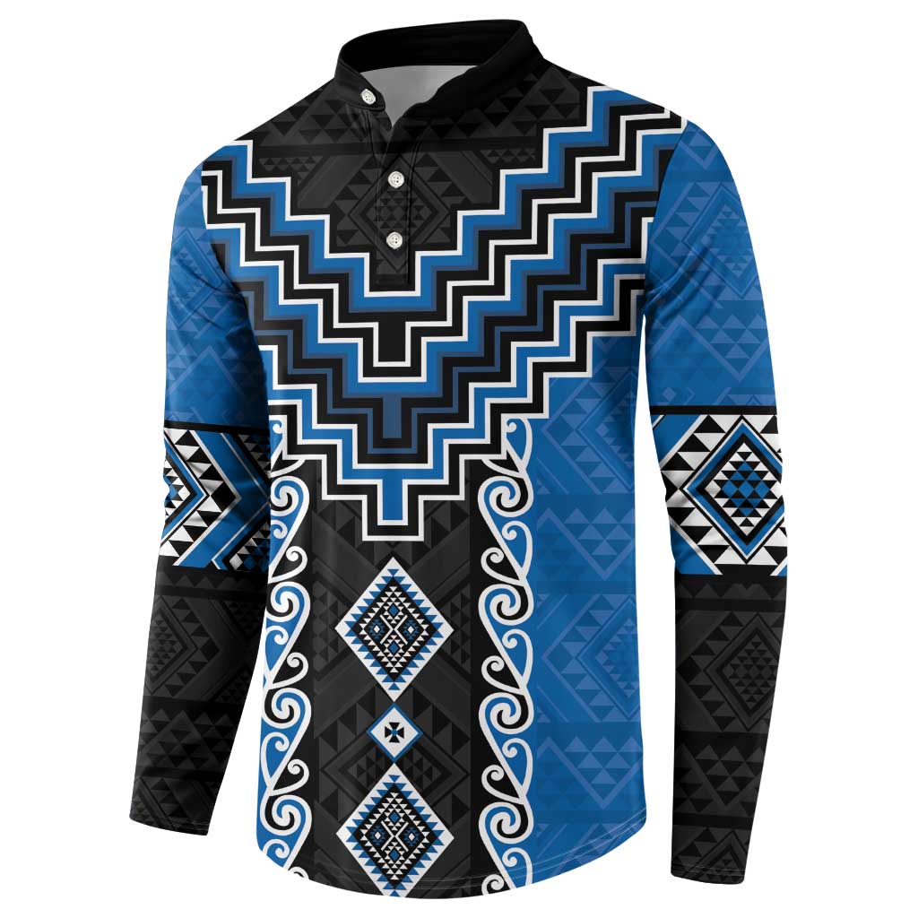 Blue Niho Taniwha Mix Poutama Button Sweatshirt Unique Taniko Aotearoa