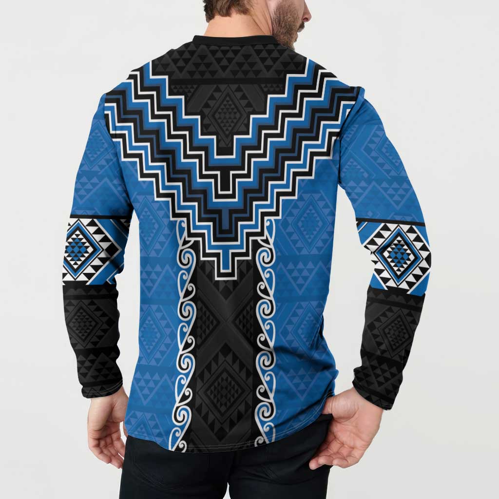 Blue Niho Taniwha Mix Poutama Button Sweatshirt Unique Taniko Aotearoa