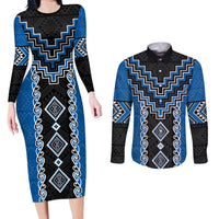 Blue Niho Taniwha Mix Poutama Couples Matching Long Sleeve Bodycon Dress and Long Sleeve Button Shirt Unique Taniko Aotearoa