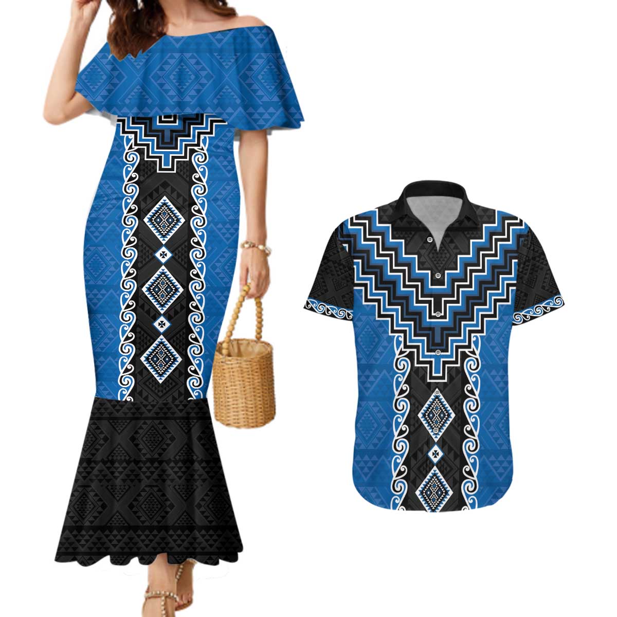 Blue Niho Taniwha Mix Poutama Couples Matching Mermaid Dress and Hawaiian Shirt Unique Taniko Aotearoa