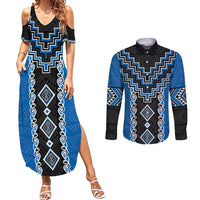 Blue Niho Taniwha Mix Poutama Couples Matching Summer Maxi Dress and Long Sleeve Button Shirt Unique Taniko Aotearoa
