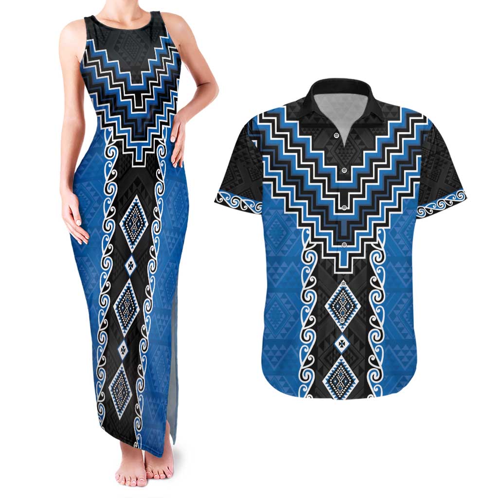 Blue Niho Taniwha Mix Poutama Couples Matching Tank Maxi Dress and Hawaiian Shirt Unique Taniko Aotearoa