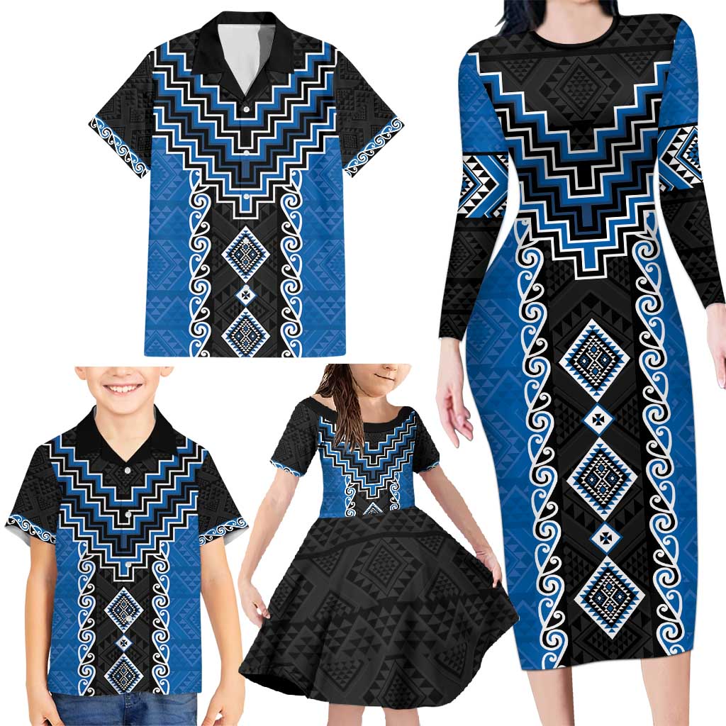 Blue Niho Taniwha Mix Poutama Family Matching Long Sleeve Bodycon Dress and Hawaiian Shirt Unique Taniko Aotearoa LT01 - Polynesian Pride