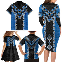 Blue Niho Taniwha Mix Poutama Family Matching Long Sleeve Bodycon Dress and Hawaiian Shirt Unique Taniko Aotearoa LT01 - Polynesian Pride