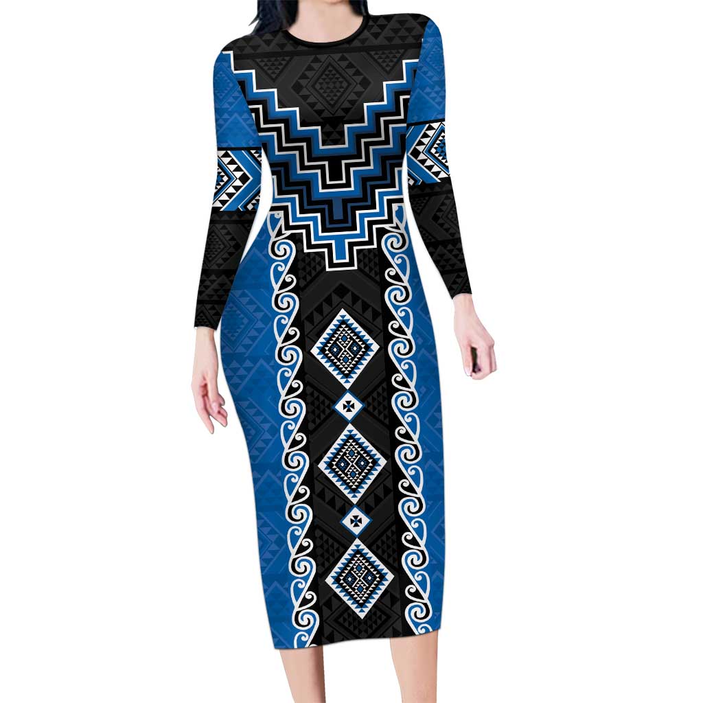 Blue Niho Taniwha Mix Poutama Family Matching Long Sleeve Bodycon Dress and Hawaiian Shirt Unique Taniko Aotearoa LT01 Mom's Dress Blue - Polynesian Pride